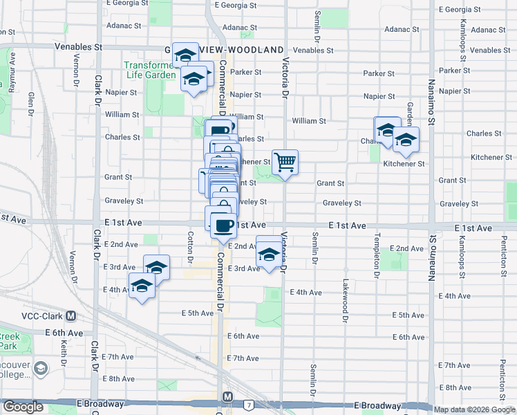 map of restaurants, bars, coffee shops, grocery stores, and more near 1610 Salsbury Drive in Vancouver