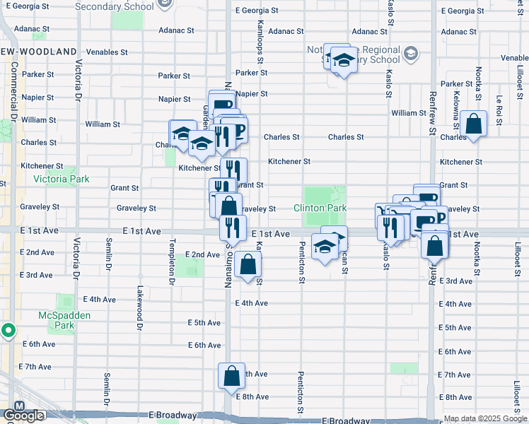 map of restaurants, bars, coffee shops, grocery stores, and more near 1612 Kamloops Street in Vancouver
