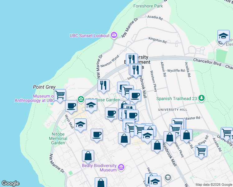 map of restaurants, bars, coffee shops, grocery stores, and more near 6040 Iona Drive in Vancouver
