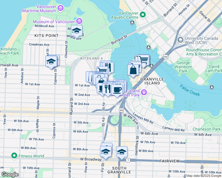 map of restaurants, bars, coffee shops, grocery stores, and more near 1540 Mariner Walk in Vancouver