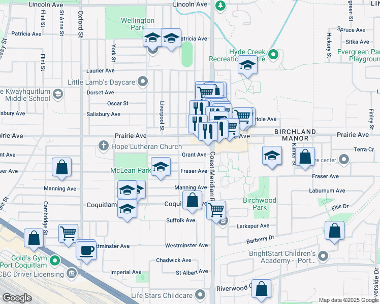 map of restaurants, bars, coffee shops, grocery stores, and more near 1567 Grant Avenue in Port Coquitlam
