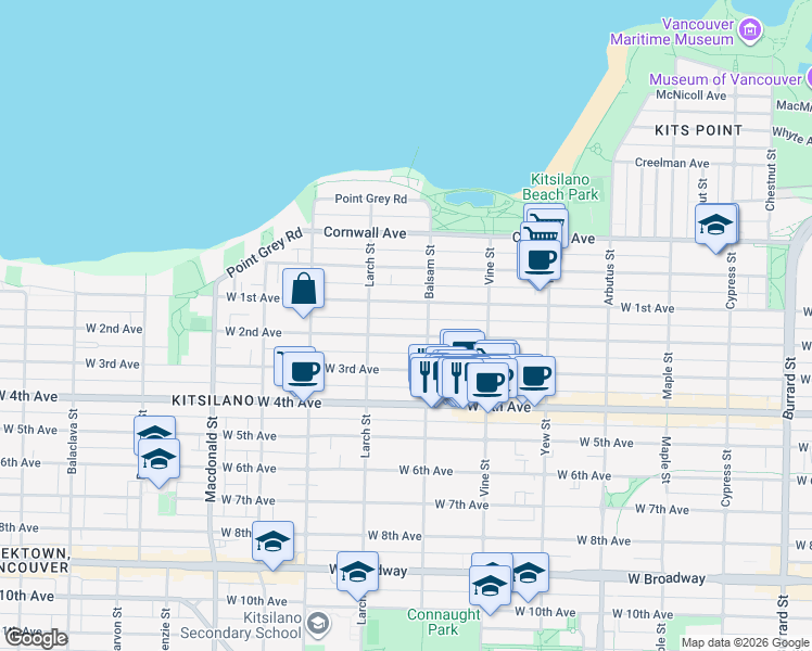 map of restaurants, bars, coffee shops, grocery stores, and more near 2435 West 2nd Avenue in Vancouver
