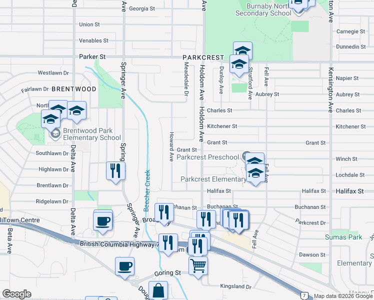 map of restaurants, bars, coffee shops, grocery stores, and more near Ellesmere Avenue in Burnaby