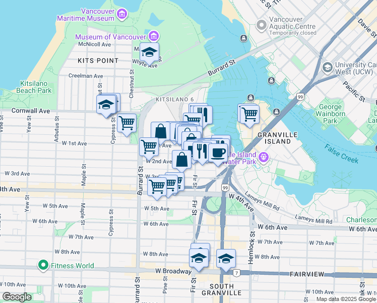 map of restaurants, bars, coffee shops, grocery stores, and more near 1628 West 1st Avenue in Vancouver