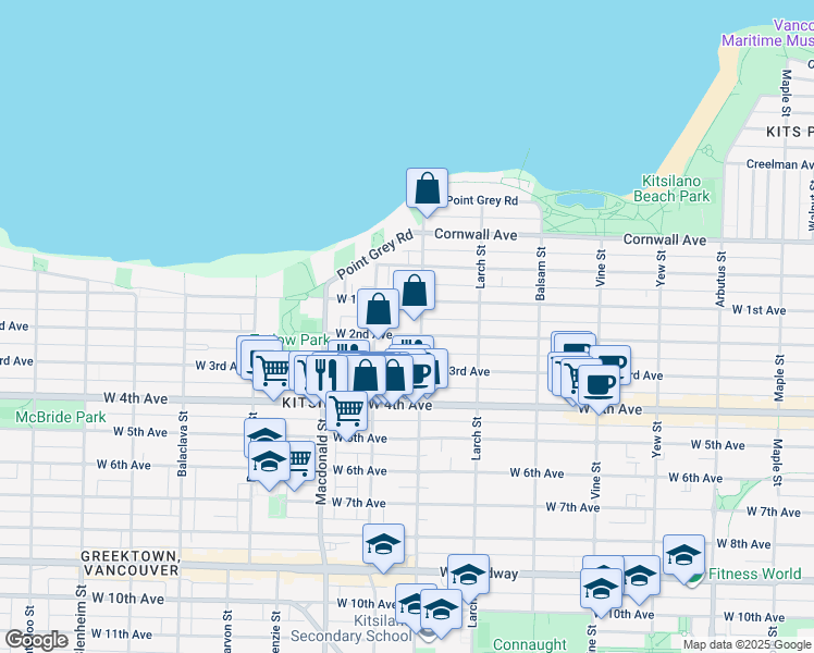 map of restaurants, bars, coffee shops, grocery stores, and more near 2615 West 2nd Avenue in Vancouver