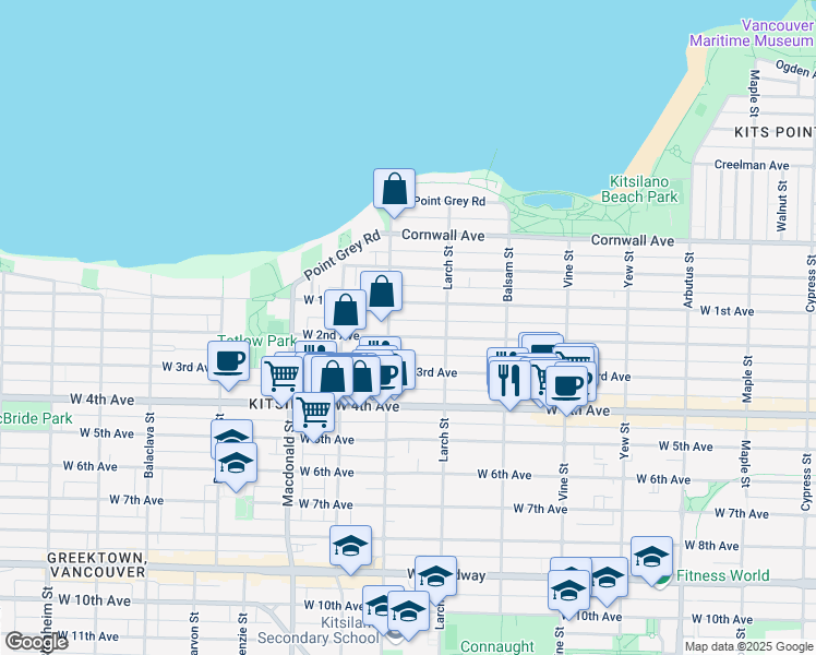 map of restaurants, bars, coffee shops, grocery stores, and more near 2565 West 2nd Avenue in Vancouver