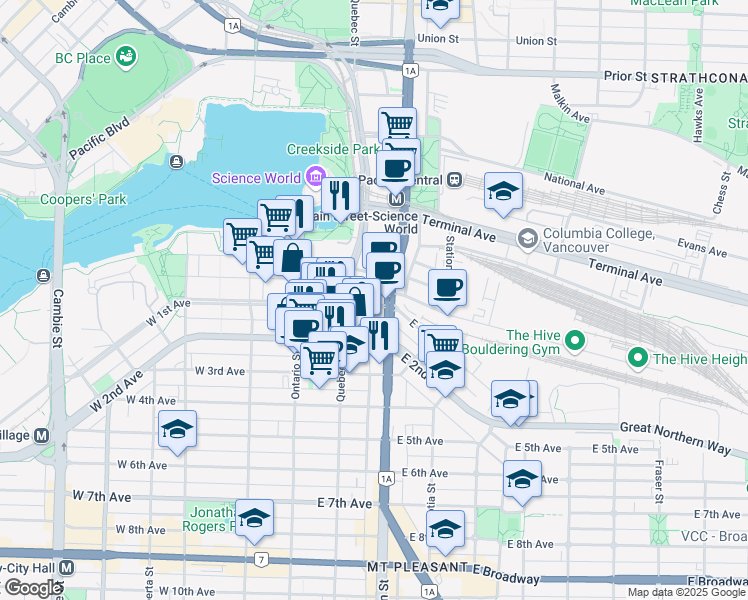map of restaurants, bars, coffee shops, grocery stores, and more near 137 East 1st Avenue in Vancouver