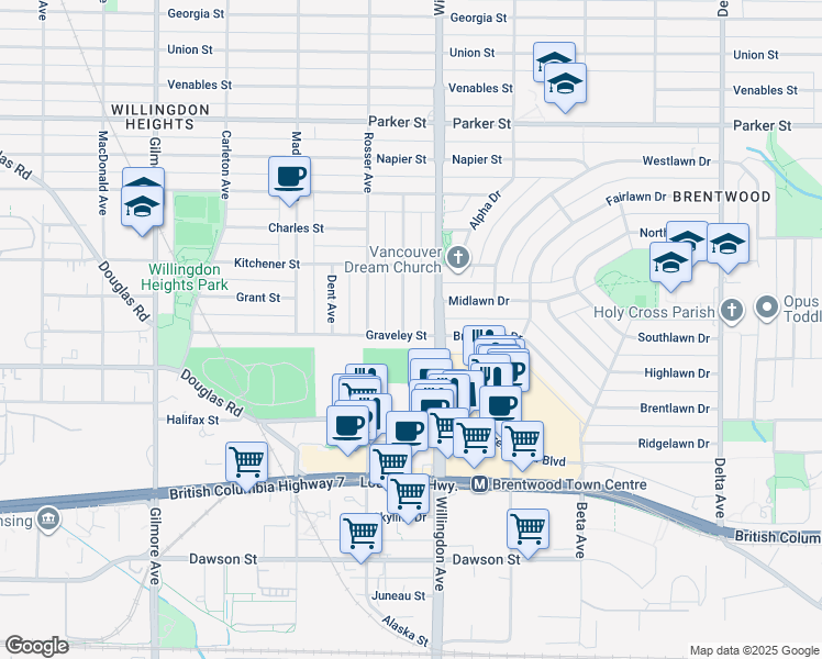 map of restaurants, bars, coffee shops, grocery stores, and more near 1594 Whitsell Avenue in Burnaby