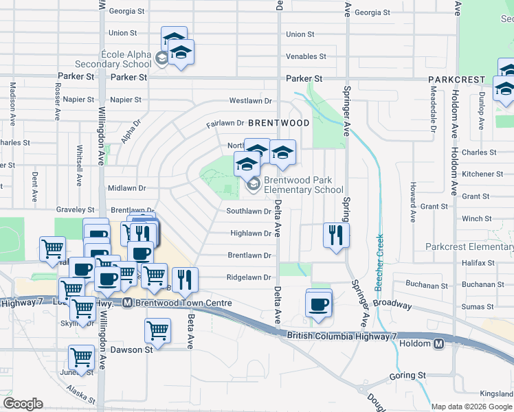 map of restaurants, bars, coffee shops, grocery stores, and more near 4841 Southlawn Drive in Burnaby