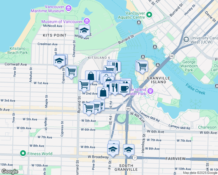 map of restaurants, bars, coffee shops, grocery stores, and more near 1628 West 1st Avenue in Vancouver