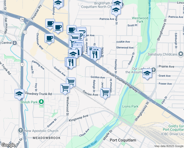map of restaurants, bars, coffee shops, grocery stores, and more near 3221 Raleigh Street in Port Coquitlam