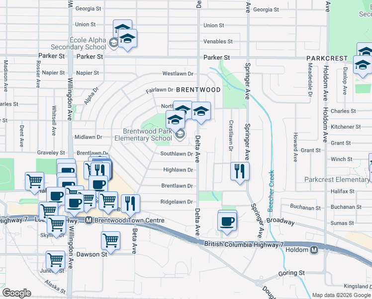 map of restaurants, bars, coffee shops, grocery stores, and more near 4851 Southlawn Drive in Burnaby
