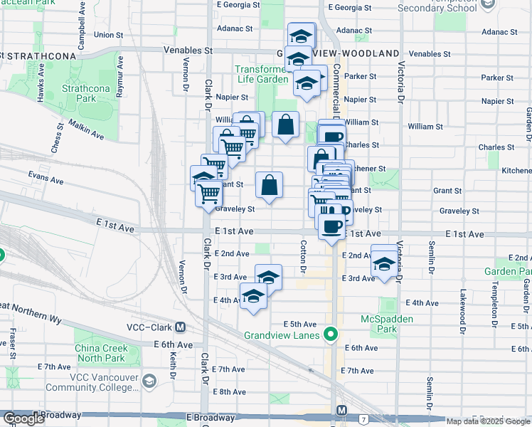map of restaurants, bars, coffee shops, grocery stores, and more near 1470 Graveley Street in Vancouver
