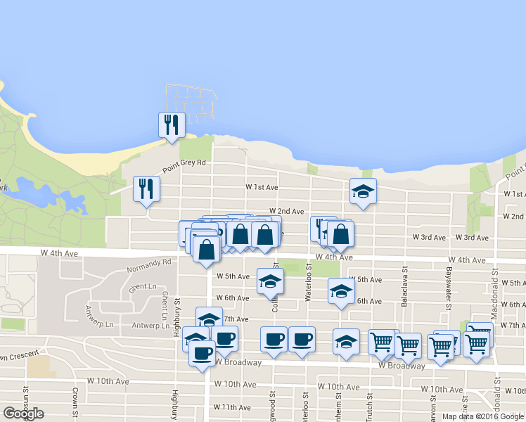 map of restaurants, bars, coffee shops, grocery stores, and more near 3542 West 2nd Avenue in Vancouver
