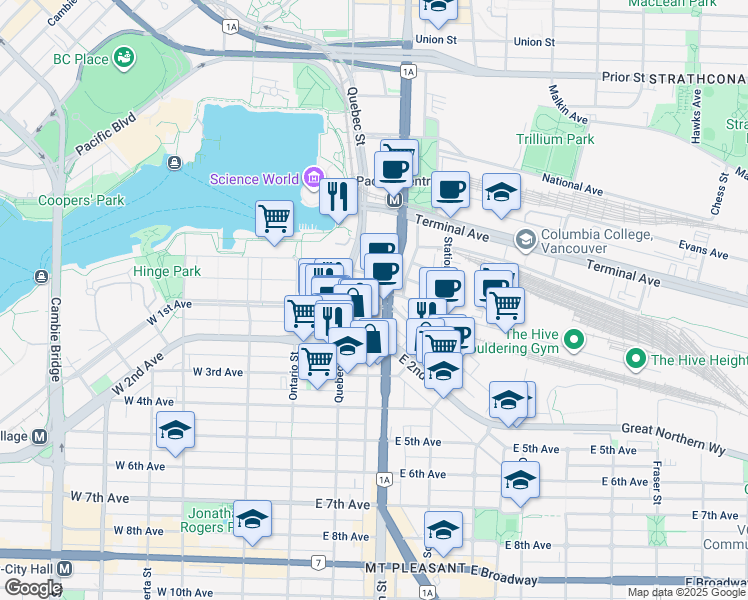 map of restaurants, bars, coffee shops, grocery stores, and more near 161 East 1st Avenue in Vancouver