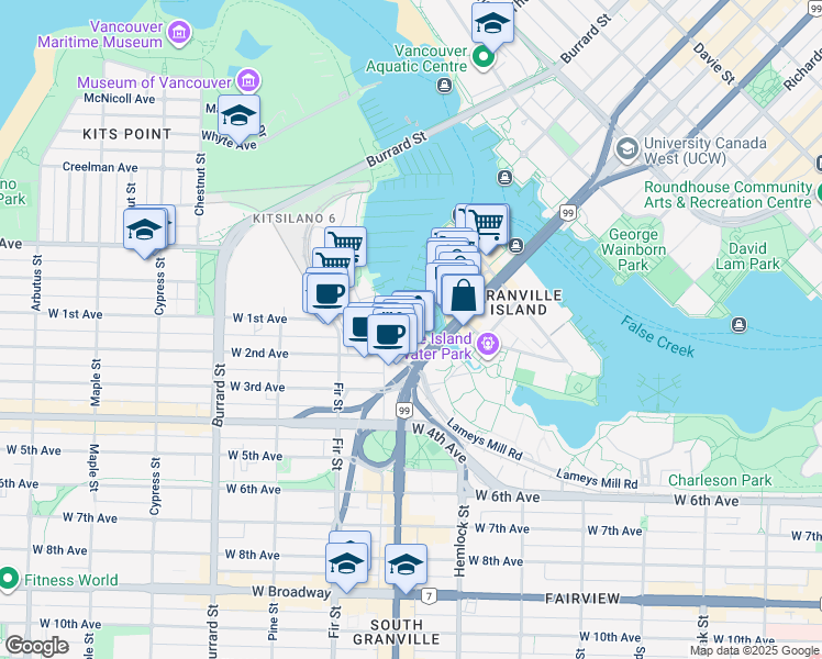 map of restaurants, bars, coffee shops, grocery stores, and more near 1502 Island Park Walk in Vancouver