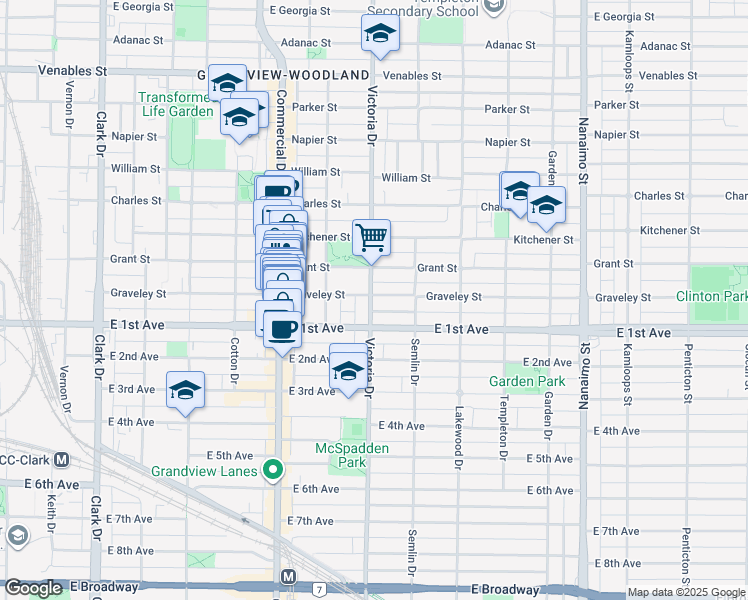 map of restaurants, bars, coffee shops, grocery stores, and more near 1602 Victoria Drive in Vancouver