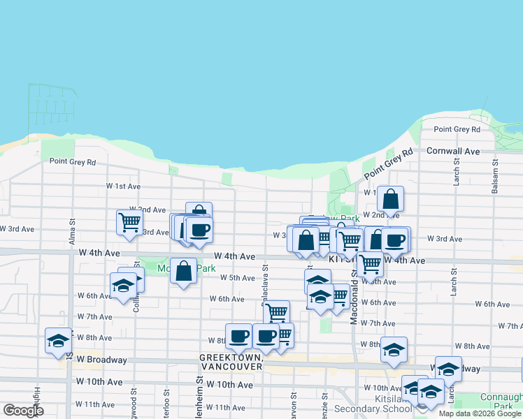 map of restaurants, bars, coffee shops, grocery stores, and more near 1747 Balaclava Street in Vancouver