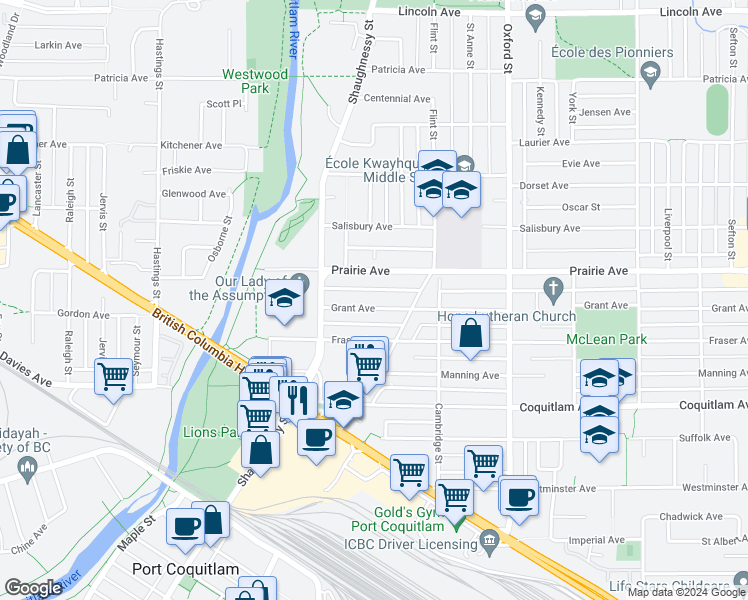 map of restaurants, bars, coffee shops, grocery stores, and more near 2147 Grant Avenue in Port Coquitlam