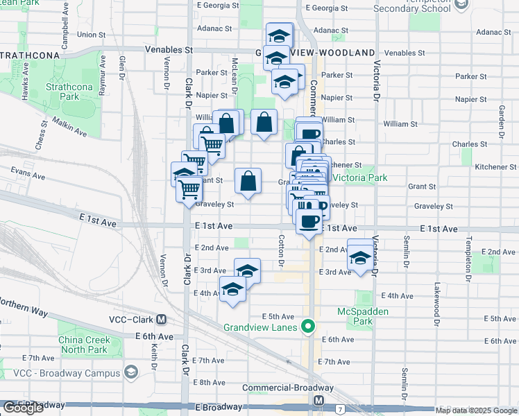 map of restaurants, bars, coffee shops, grocery stores, and more near 1522 Graveley Street in Vancouver