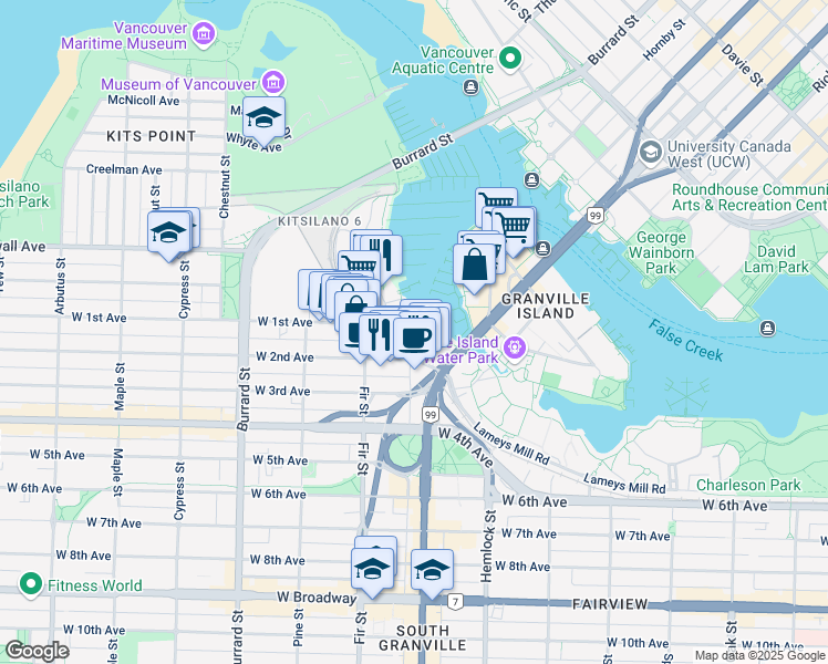 map of restaurants, bars, coffee shops, grocery stores, and more near 1525 Mariner Walk in Vancouver