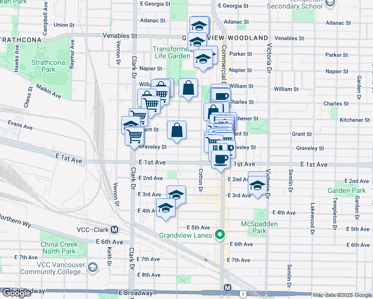 map of restaurants, bars, coffee shops, grocery stores, and more near 1522 Graveley Street in Vancouver