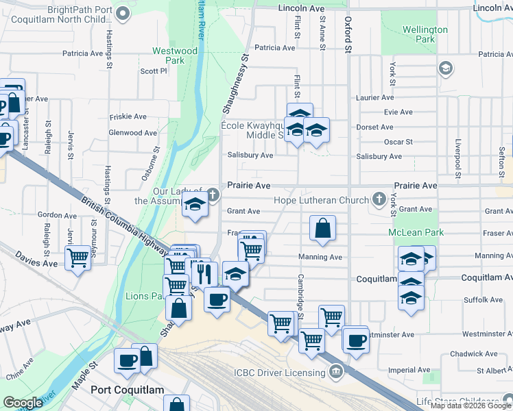 map of restaurants, bars, coffee shops, grocery stores, and more near 2147 Grant Avenue in Port Coquitlam