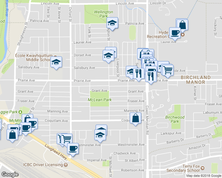 map of restaurants, bars, coffee shops, grocery stores, and more near 3164 Wellington Street in Port Coquitlam