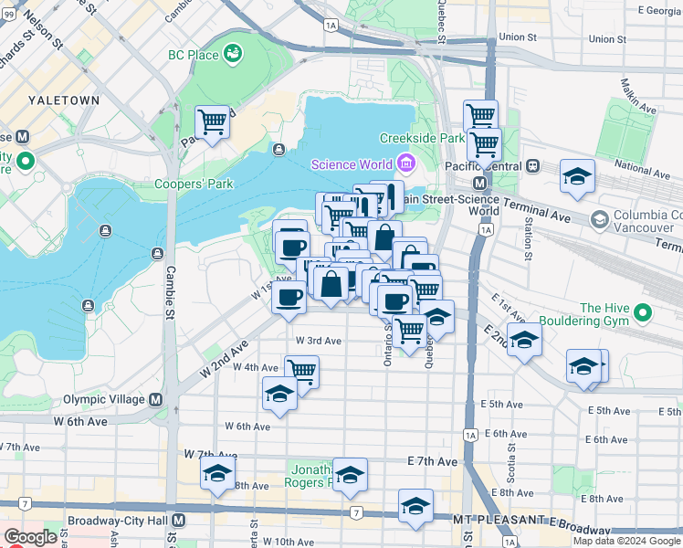 map of restaurants, bars, coffee shops, grocery stores, and more near 1693 Manitoba Street in Vancouver