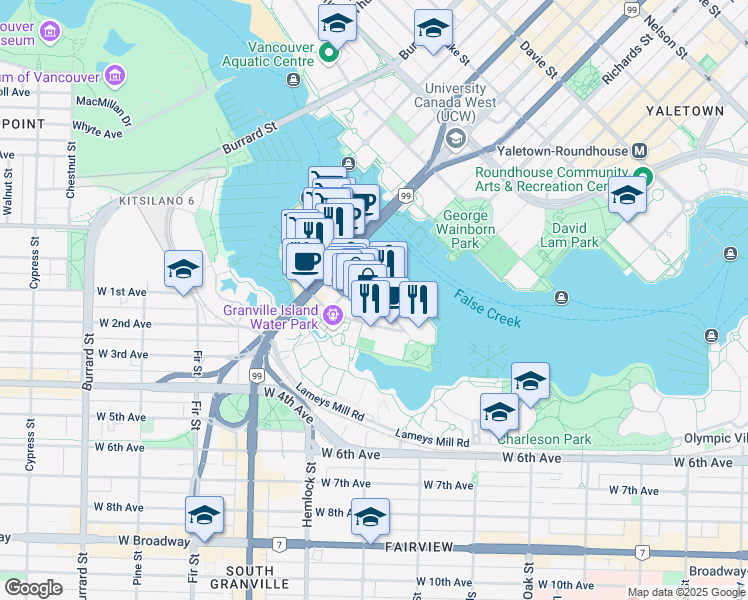 map of restaurants, bars, coffee shops, grocery stores, and more near 1400 Johnston Street in Vancouver