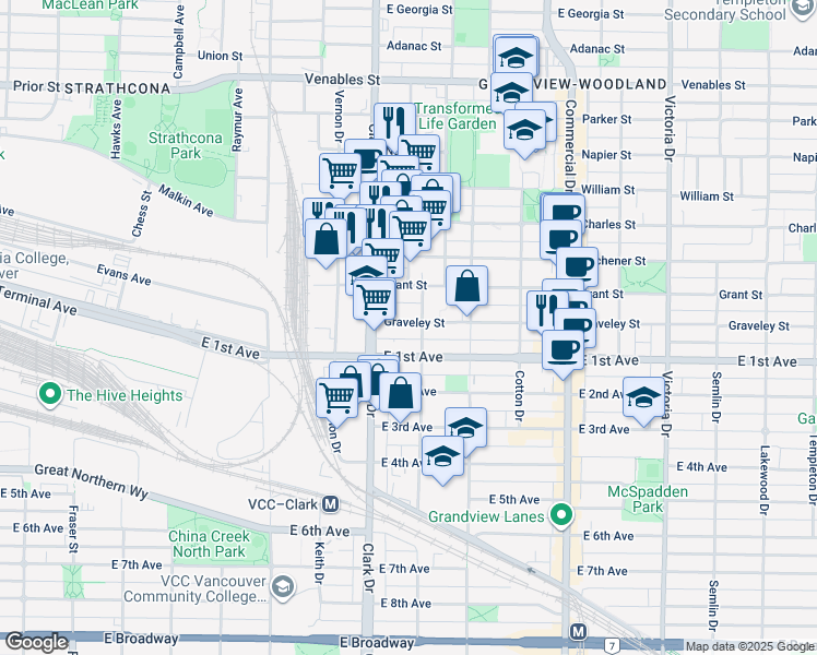map of restaurants, bars, coffee shops, grocery stores, and more near 1360 Graveley Street in Vancouver