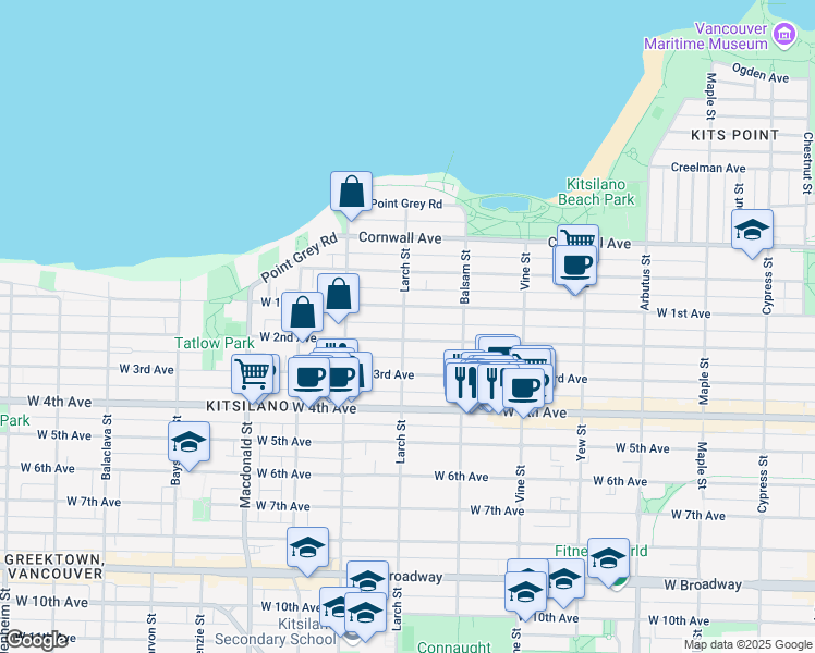 map of restaurants, bars, coffee shops, grocery stores, and more near 1740 Larch Street in Vancouver