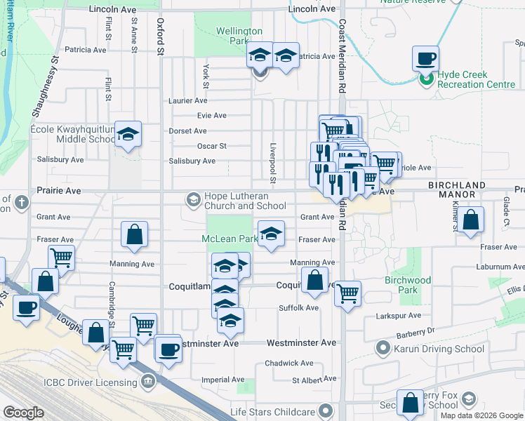 map of restaurants, bars, coffee shops, grocery stores, and more near 1669 Grant Avenue in Port Coquitlam