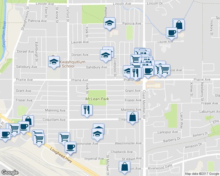 map of restaurants, bars, coffee shops, grocery stores, and more near 3164 Wellington Street in Port Coquitlam