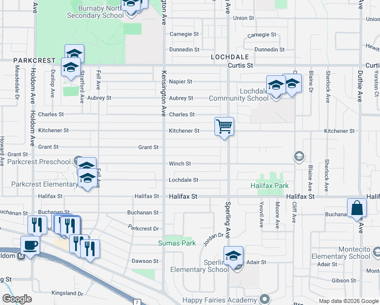 map of restaurants, bars, coffee shops, grocery stores, and more near in Burnaby