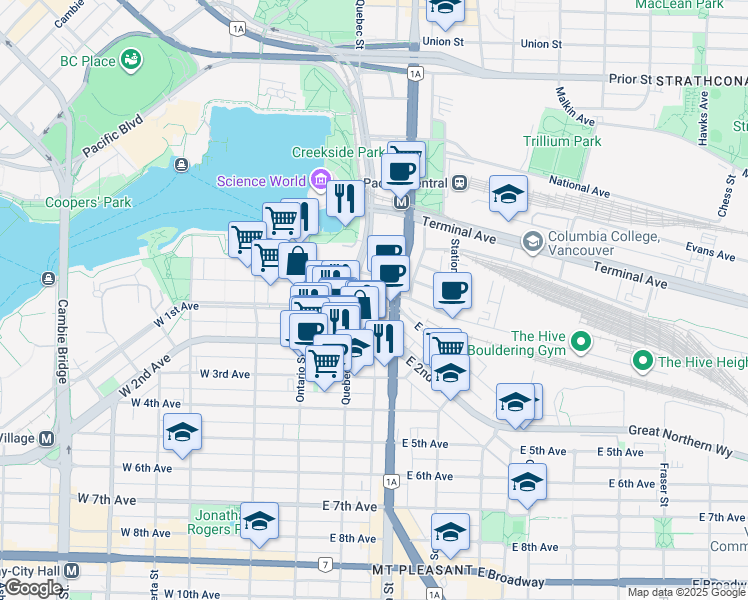 map of restaurants, bars, coffee shops, grocery stores, and more near 145 East 1st Avenue in Vancouver