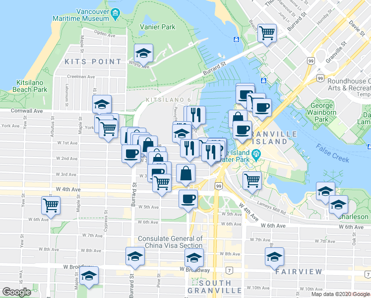 map of restaurants, bars, coffee shops, grocery stores, and more near 1628 West 1st Avenue in Vancouver