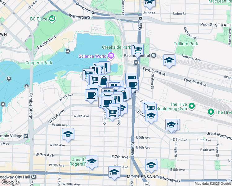map of restaurants, bars, coffee shops, grocery stores, and more near 95 East 1st Avenue in Vancouver