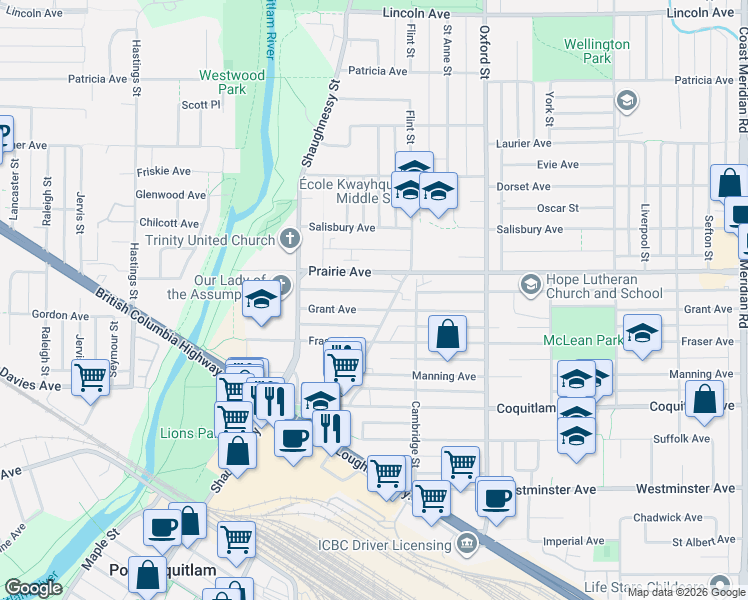 map of restaurants, bars, coffee shops, grocery stores, and more near 2133 Grant Avenue in Port Coquitlam