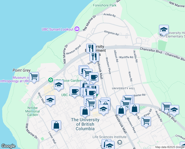 map of restaurants, bars, coffee shops, grocery stores, and more near 5989 Walter Gage Road in Vancouver