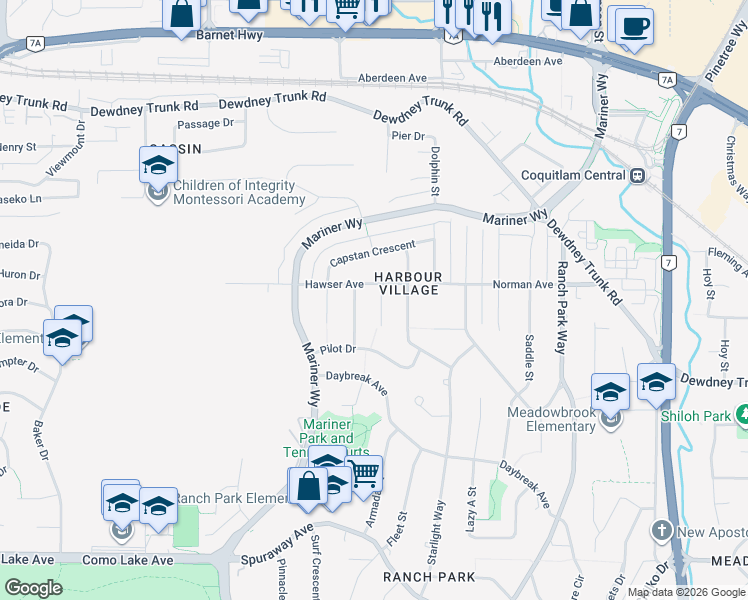 map of restaurants, bars, coffee shops, grocery stores, and more near 3156 Compass Court in Coquitlam