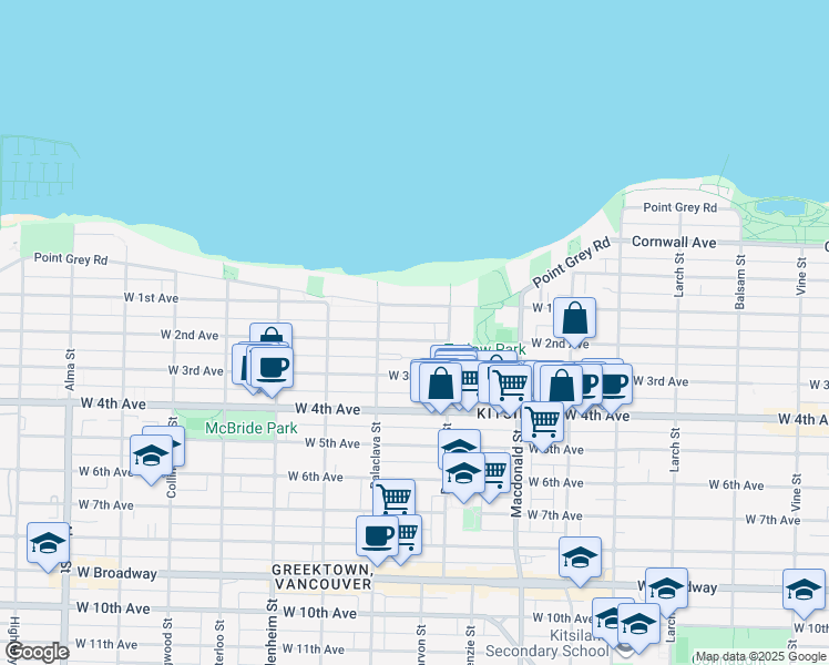 map of restaurants, bars, coffee shops, grocery stores, and more near 3015 West 2nd Avenue in Vancouver