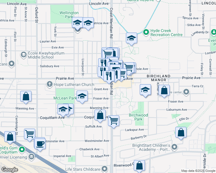 map of restaurants, bars, coffee shops, grocery stores, and more near 1519 Grant Avenue in Port Coquitlam