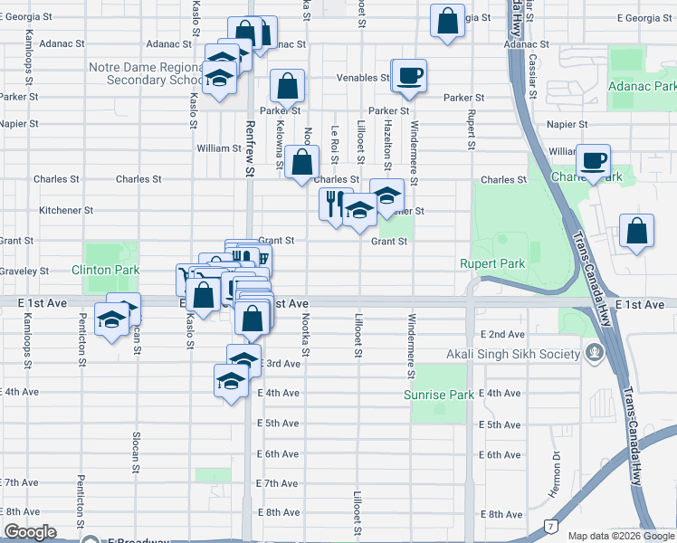 map of restaurants, bars, coffee shops, grocery stores, and more near in Vancouver