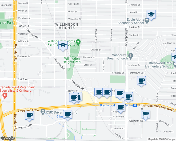 map of restaurants, bars, coffee shops, grocery stores, and more near 4247 Graveley Street in Burnaby