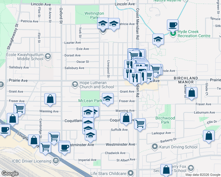 map of restaurants, bars, coffee shops, grocery stores, and more near 1655 Grant Avenue in Port Coquitlam