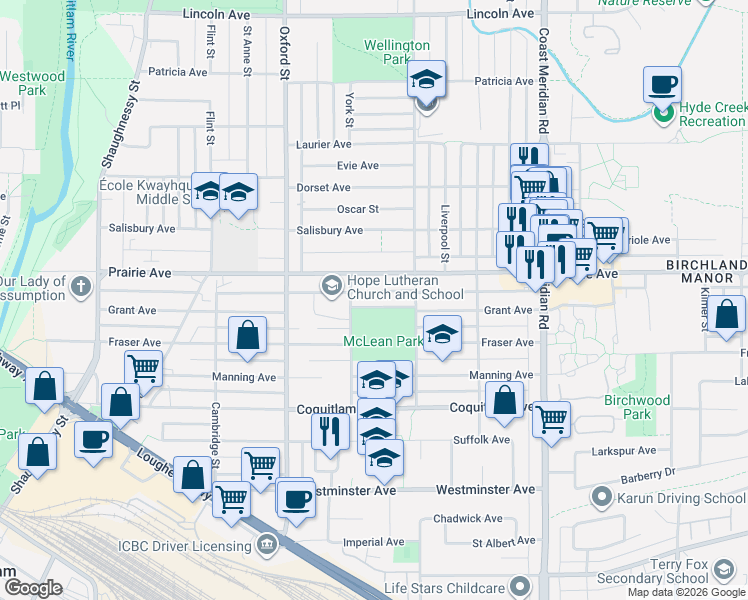 map of restaurants, bars, coffee shops, grocery stores, and more near 1771 Grant Avenue in Port Coquitlam