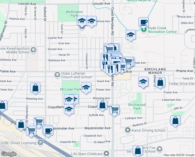 map of restaurants, bars, coffee shops, grocery stores, and more near 3150 Vincent Street in Port Coquitlam