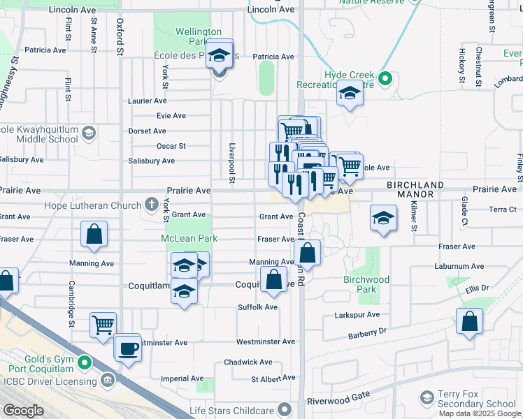 map of restaurants, bars, coffee shops, grocery stores, and more near 3150 Vincent Street in Port Coquitlam