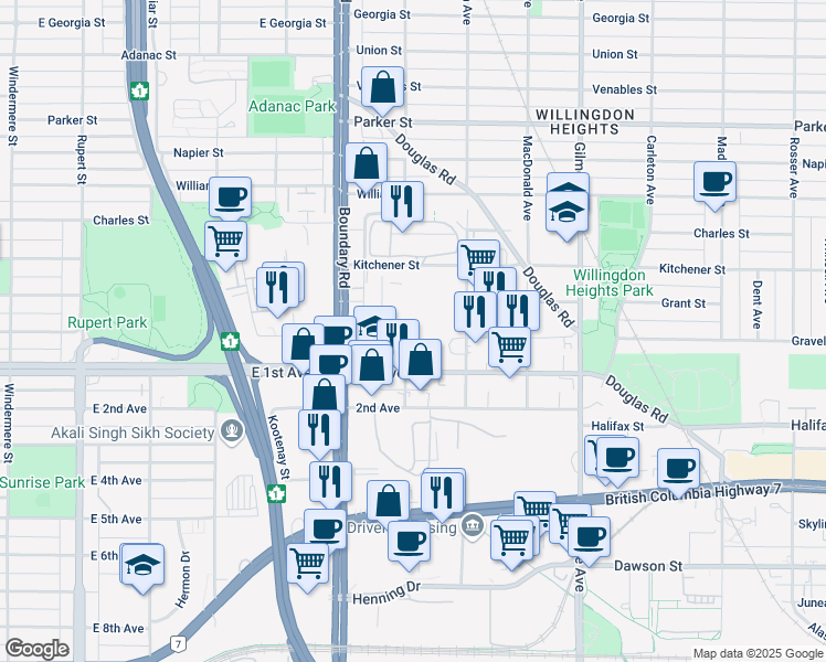 map of restaurants, bars, coffee shops, grocery stores, and more near 3749 Graveley Street in Burnaby